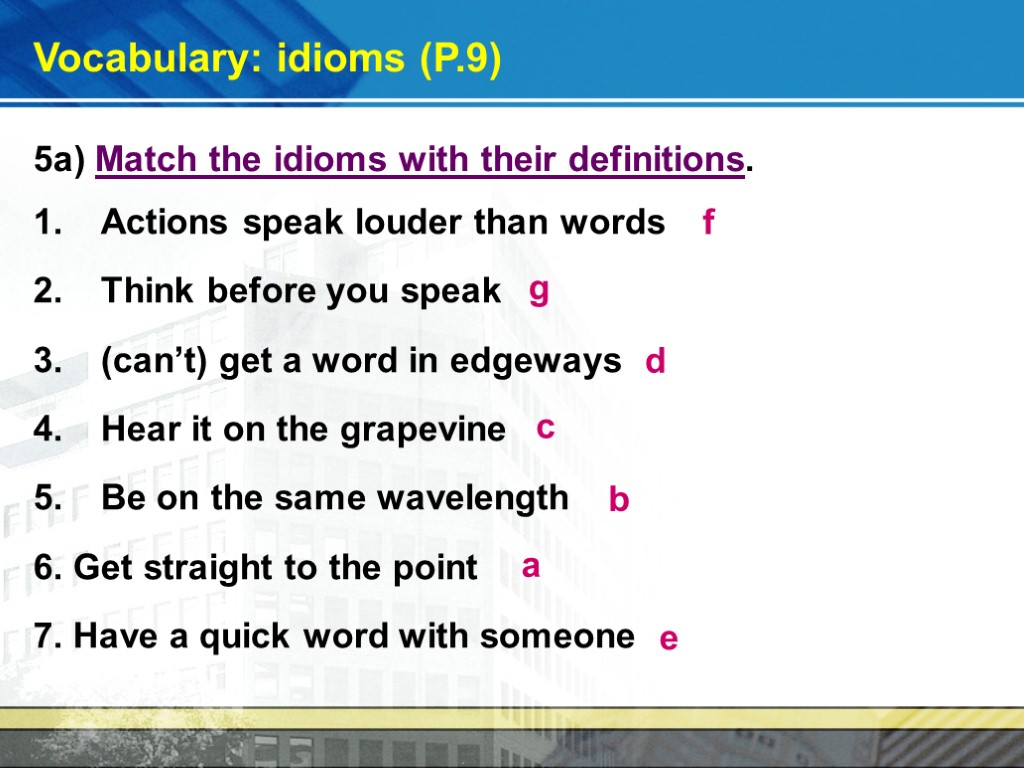 Vocabulary: idioms (P.9) 5a) Match the idioms with their definitions. Actions speak louder than